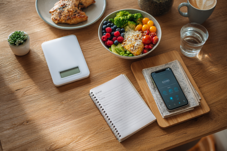 Tisch mit Lebensmitteln, Smartphone, Schreibblock und Taschenrechner