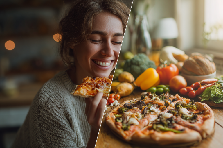 Frau die ein Stück Pizza isst