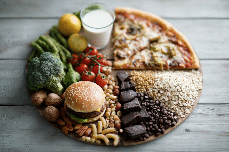 Teller mit vielen unterschiedlichen Nahrungsmitteln