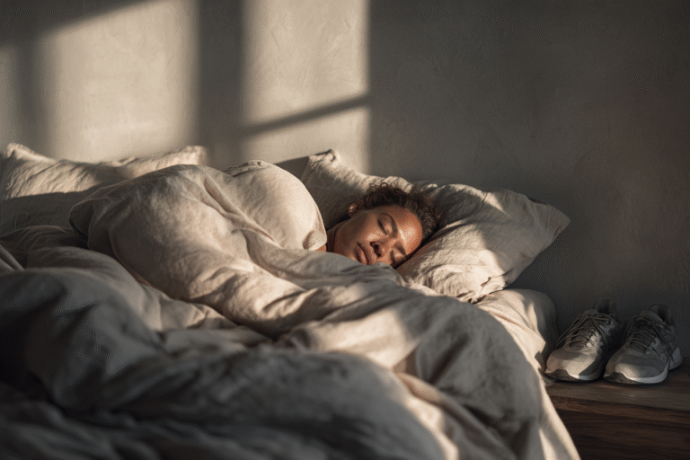 Frau im Bett in der Morgendämmerung