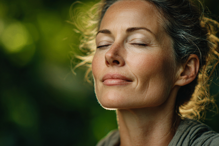 Frau draussen bei Atemuebungen