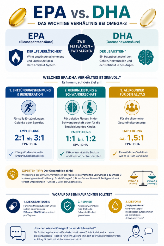 Infografik EPA vs DHA. Der Artikelinhalt auf einem BIld zusammengefasst